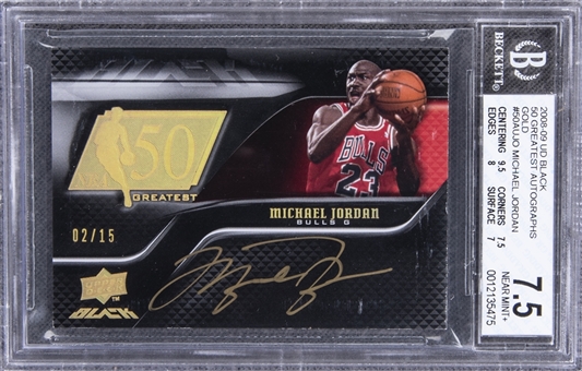 2008-09 UD Black "50 Greatest Autographs" #5OAU-JO Michael Jordan Signed Card (#02/15) – BGS NM+ 7.5/BGS 10